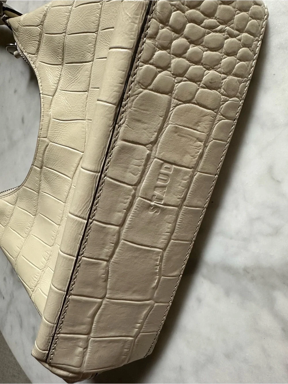 STAUD Croc-Embossed Hobo Bag in Cream